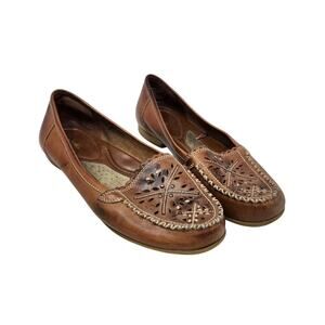 Thom McAn Floral Print Leather Slip On Loafers Shoes Round Toe Red Size 8.5